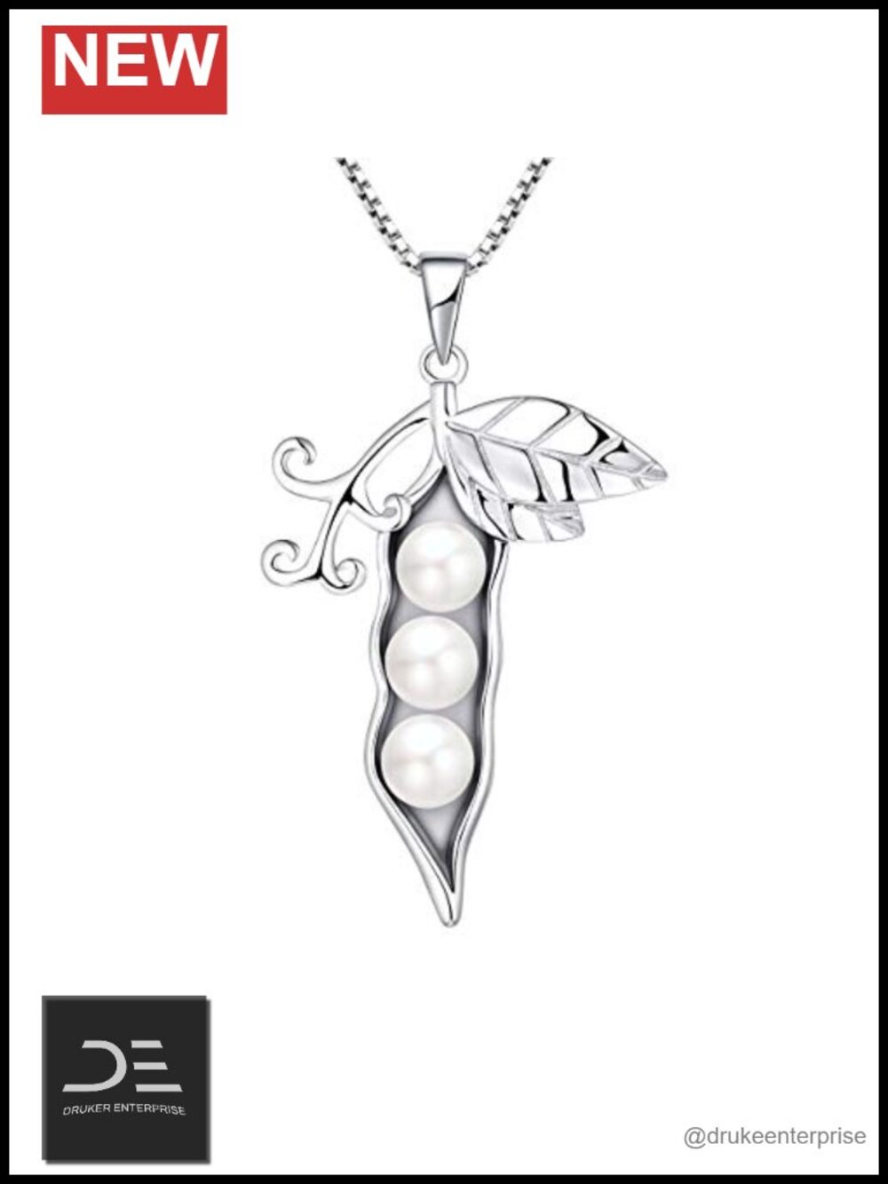 925 Sterling Silver Pea Pod Pearl Necklace, 18" Box Chain